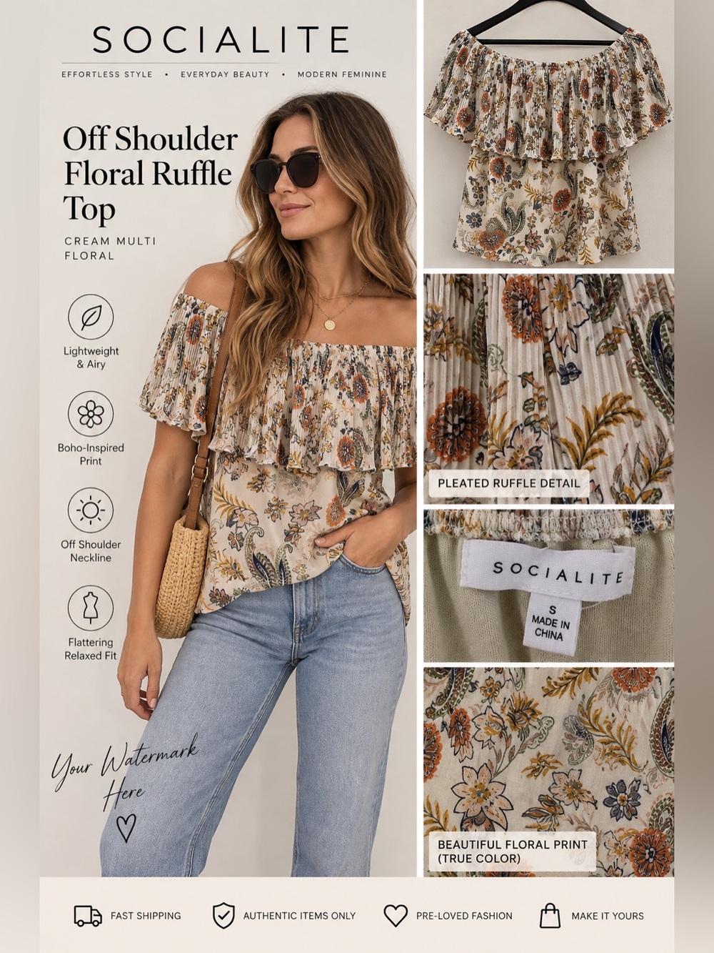 Socialite Off Shoulder Floral Top Cream Boho Ruffle Blouse Size Small